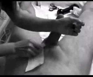 Male genital waxing with erection