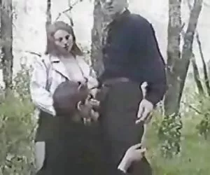 Lucky guy having fun with two girls in wood. Amateur