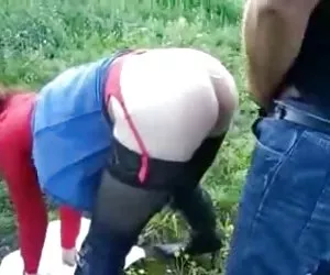 Mature bitch has fun outdoor. Public nudity
